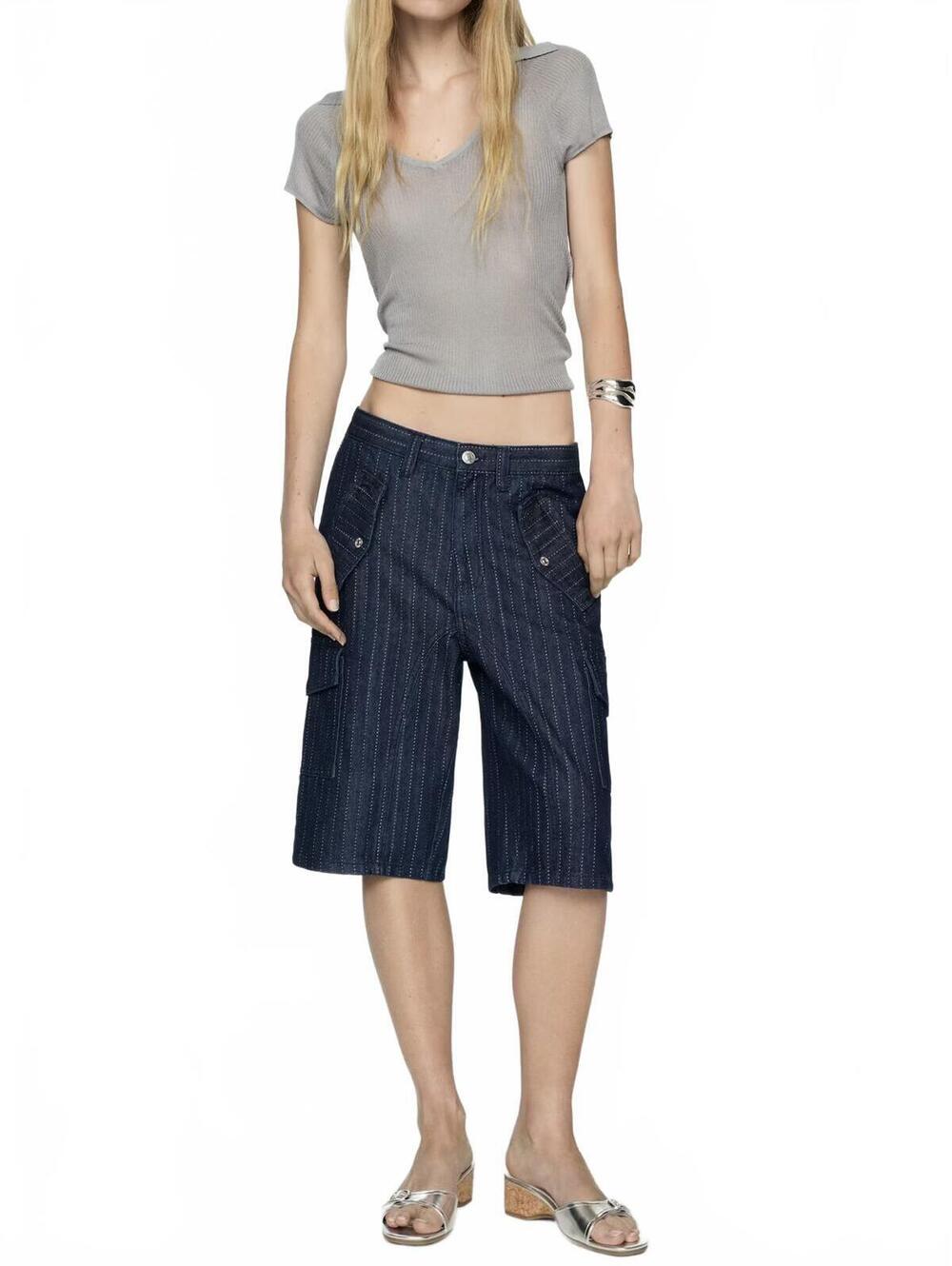 Mango Denim Bermuda Shorts with Decorative Stitching NWT Prince Dark Navy 2/EU34